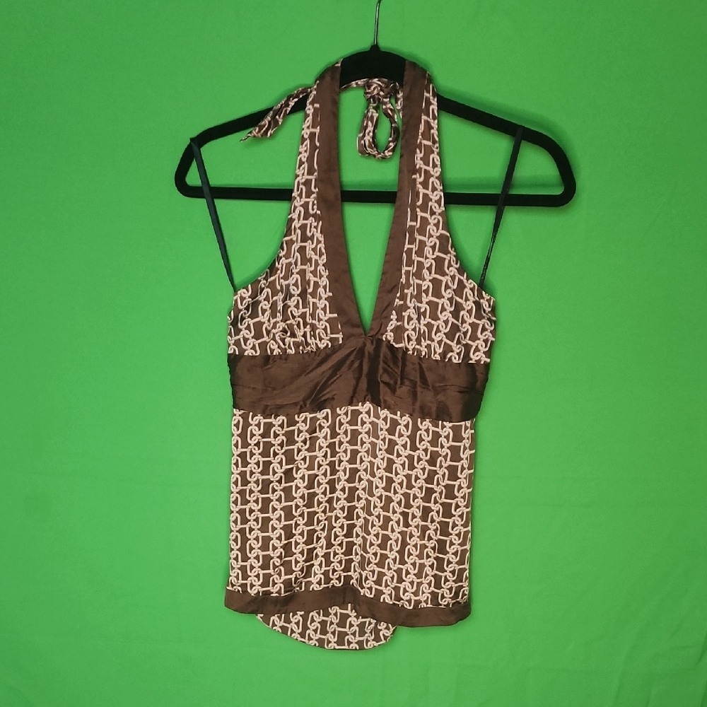 Silk Vintage Bebe Y2K Brown & Cream Chain Print Halter Top Size Medium